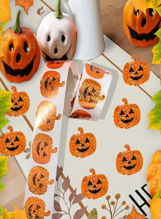Hrnsnails 500Pcs Halloween Pumpkin Stickers Roll - Laser Pumpkin Face Shape Self-Adhesive Stickers,Orange Sparkly Waterproof Decals for Halloween Party Envelope Scrapbook Decor - Image 3